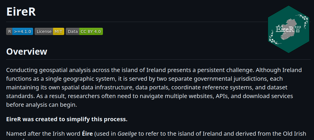 EireR R package: unified gateway to Irish geospatial data